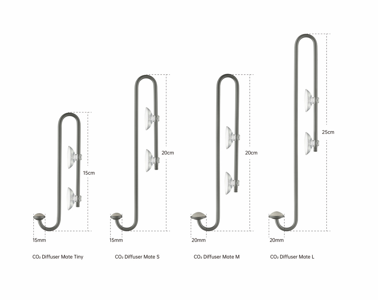Chihiros CO2-Diffusoren (Tiny, S, M, L) aus Edelstahl, mit Saugnäpfen, Größen: 15-25 cm hoch, 15-20 mm Durchmesser.