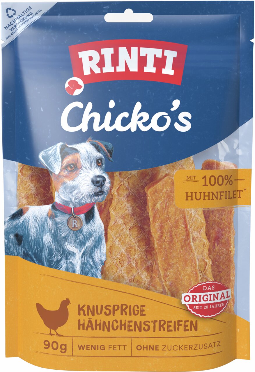 RINTI Chicko's: Knusprige Hähnchenstreifen (100 % Huhnfilet) für Hunde, 90 g, fettarm, ohne Zuckerzusatz, nachhaltige Verpackung.