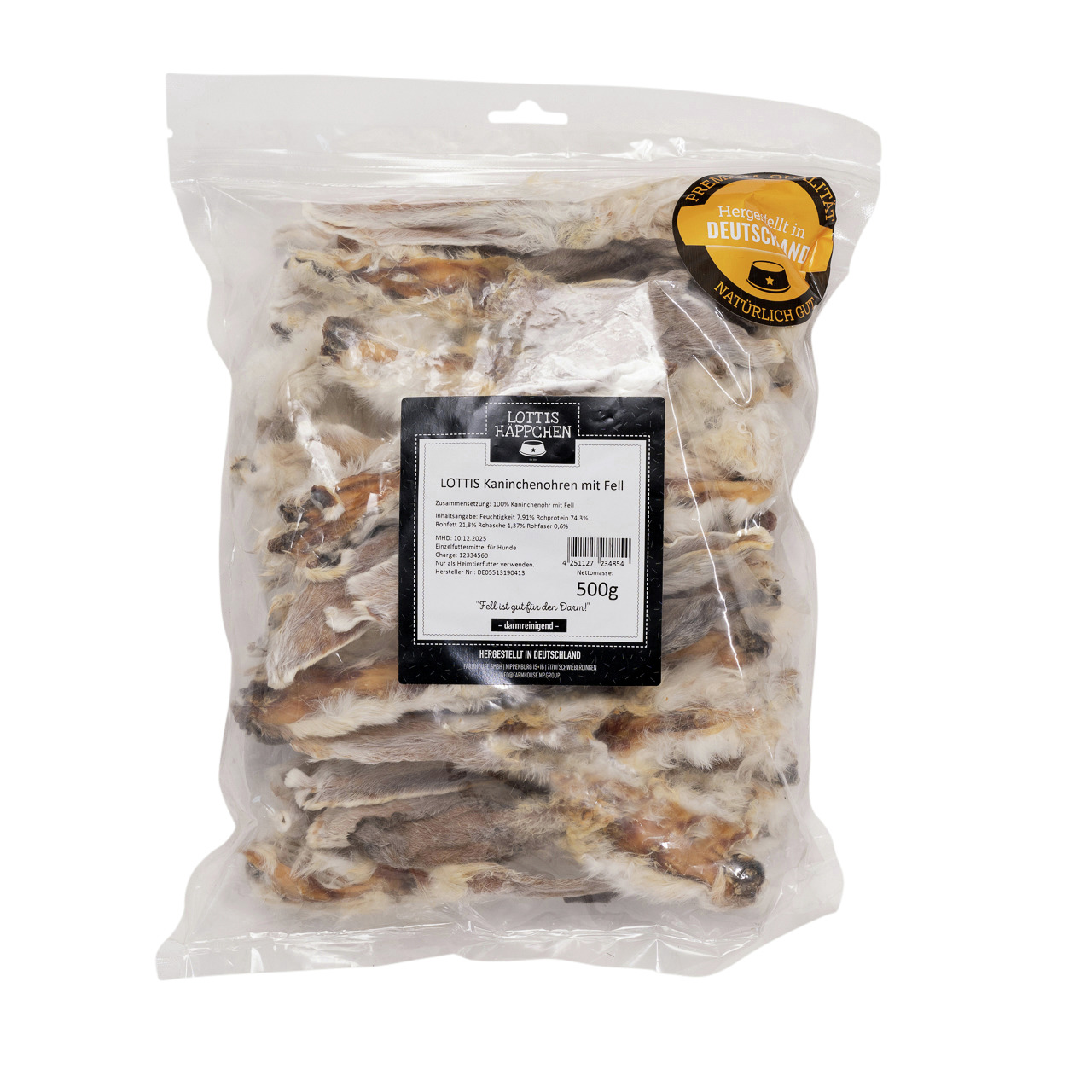 LOTTIS HÄPPCHEN Kaninchenohren m. Fell, 500 g, natürl. Kausnack f. Hunde, artgerecht, gesund, Belohnung, Hergestellt in Deutschland.