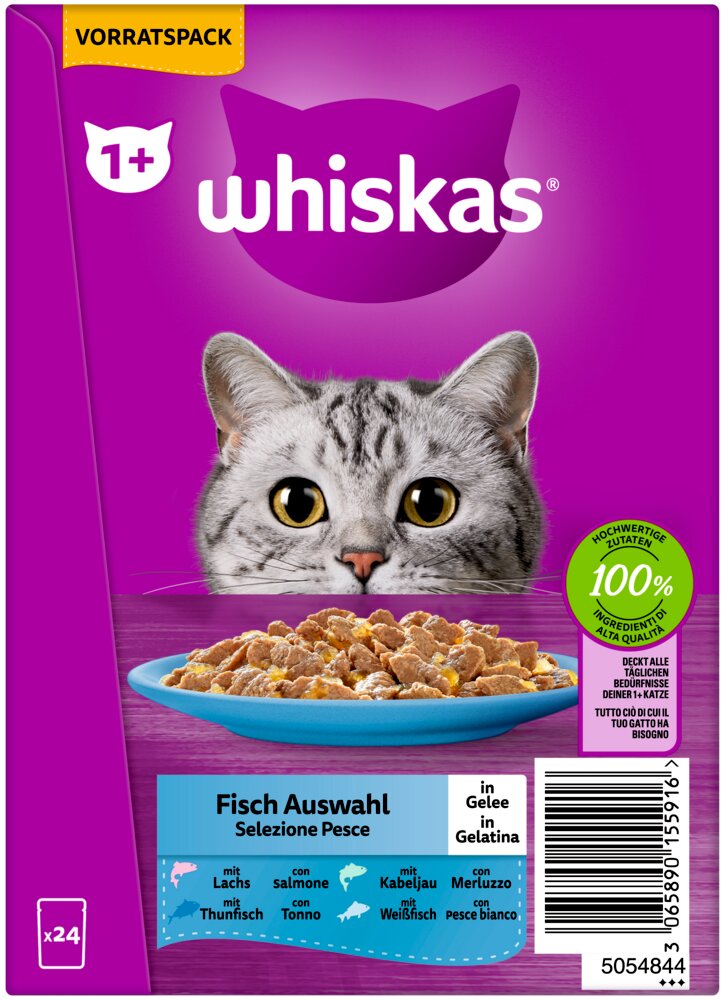 Whiskas Fisch Auswahl in Gelee, Katzen ab 1 Jahr, Lachs-Thunfisch-Kabeljau-Weißfisch, 24 Portionen, 100% ausgewogene Ernährung.