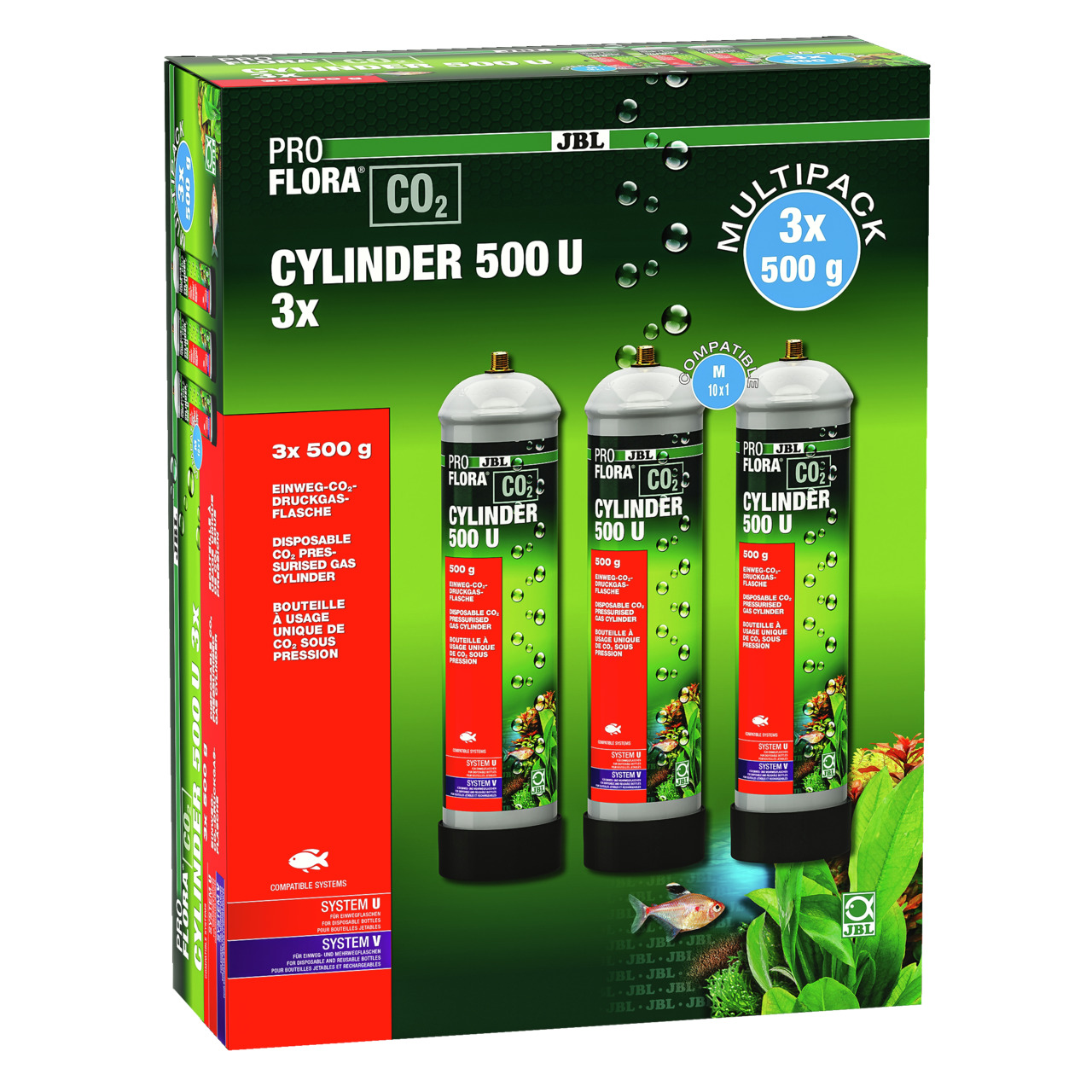 JBL ProFlora CO2 Cylinder 500 U, 3x500 g, für Aquarienpflanzen, fördert Wachstum, Einwegflaschen, grüne Verpackung mit Pflanzenbildern.