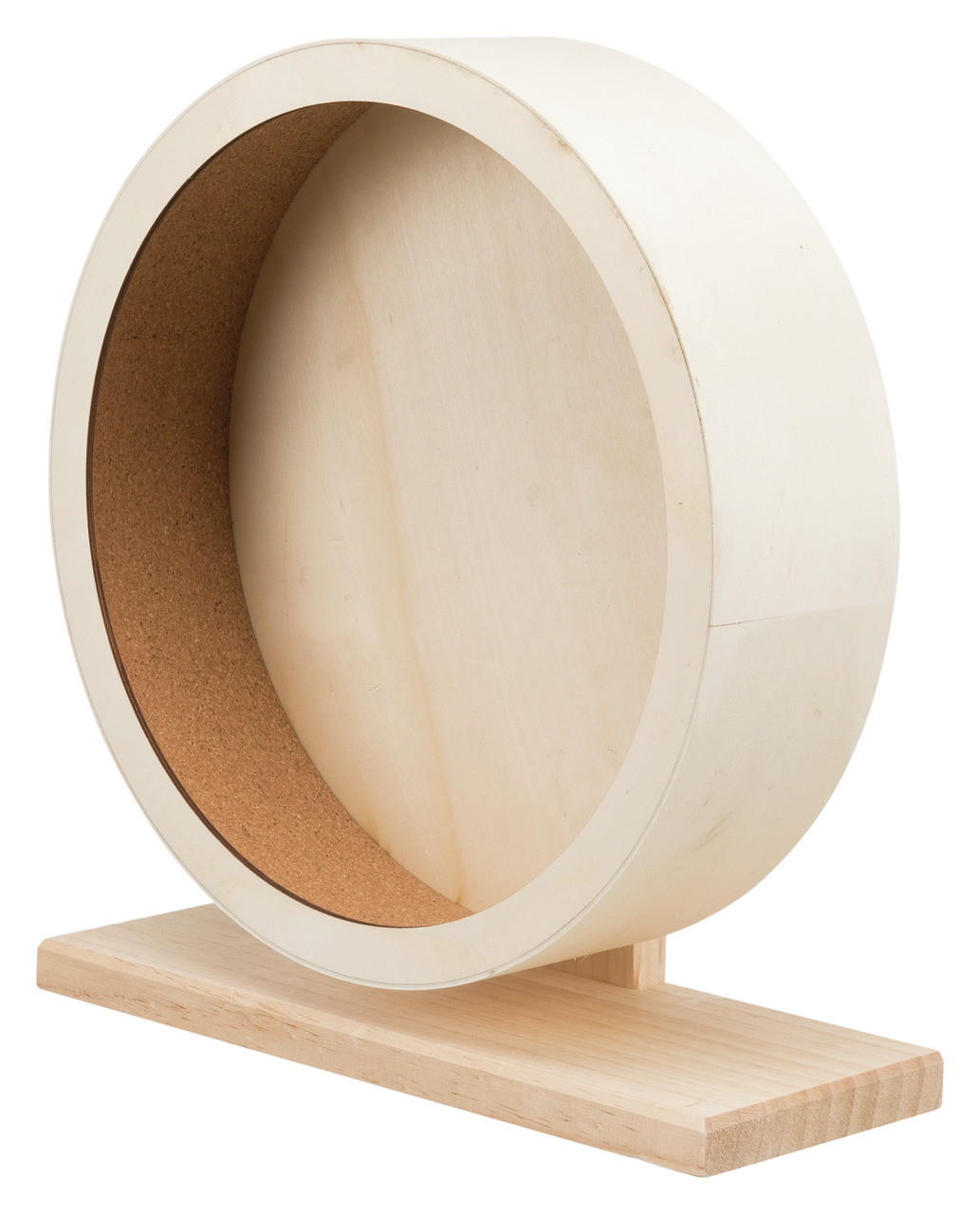 Holz-Laufrad von TRIXIE für Kleintiere wie Hamster oder Mäuse. Das Laufrad besteht aus unbehandeltem Holz mit einer Lauffläche aus Kork, die für einen sicheren Halt sorgt und die Gelenke schont. Es ist geräuscharm und auf einem stabilen Holzsockel montier