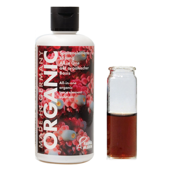 FAUNA MARIN ORGANIC Spurenelemente Lösung, Meerwasseraquarien, organisch, "All-in-one", Made in Germany, Flasche mit brauner Flüssigkeit.