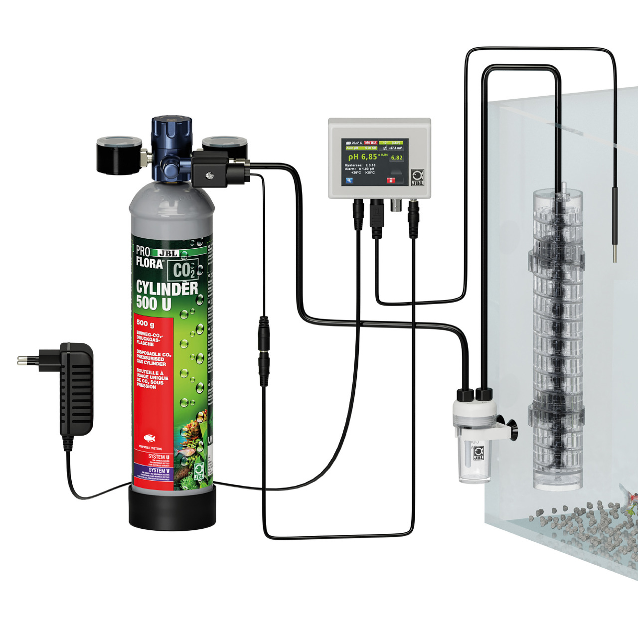 JBL ProFlora CO2-System 500 U: CO2-Düngesystem für Aquarienpflanzen, 500 g Flasche, pH-Controller, Zubehör, präzise Dosierung.