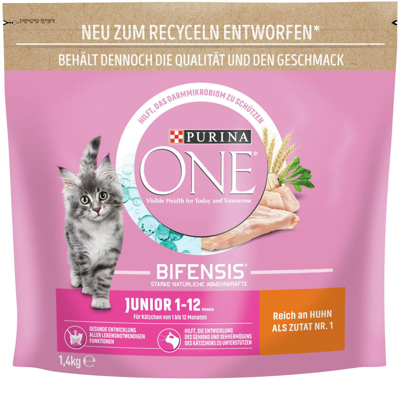Das Bild zeigt eine rosa Verpackung des Katzenfutters „Purina ONE Bifensis Junior 1-12 Monate“. Es ist speziell für Kätzchen im Alter von 1 bis 12 Monaten entwickelt. Die Geschmacksrichtung ist Huhn, und die Packung enthält 1,4 kg. Das Produkt unterstützt