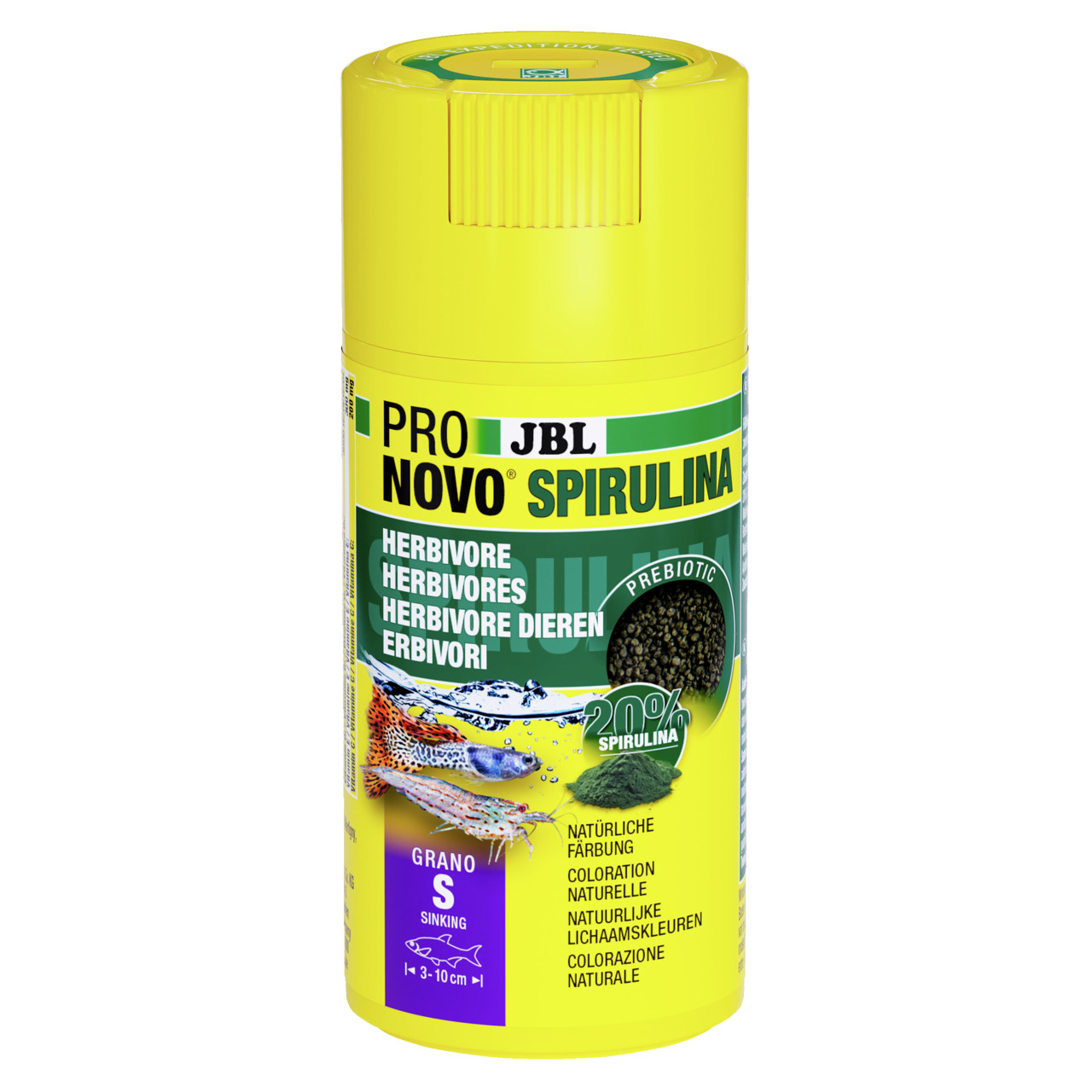 JBL ProNovo Spirulina Grano S, für pflanzenfressende Zierfische (3-10 cm), 20 % Spirulina, fördert natürliche Färbung.