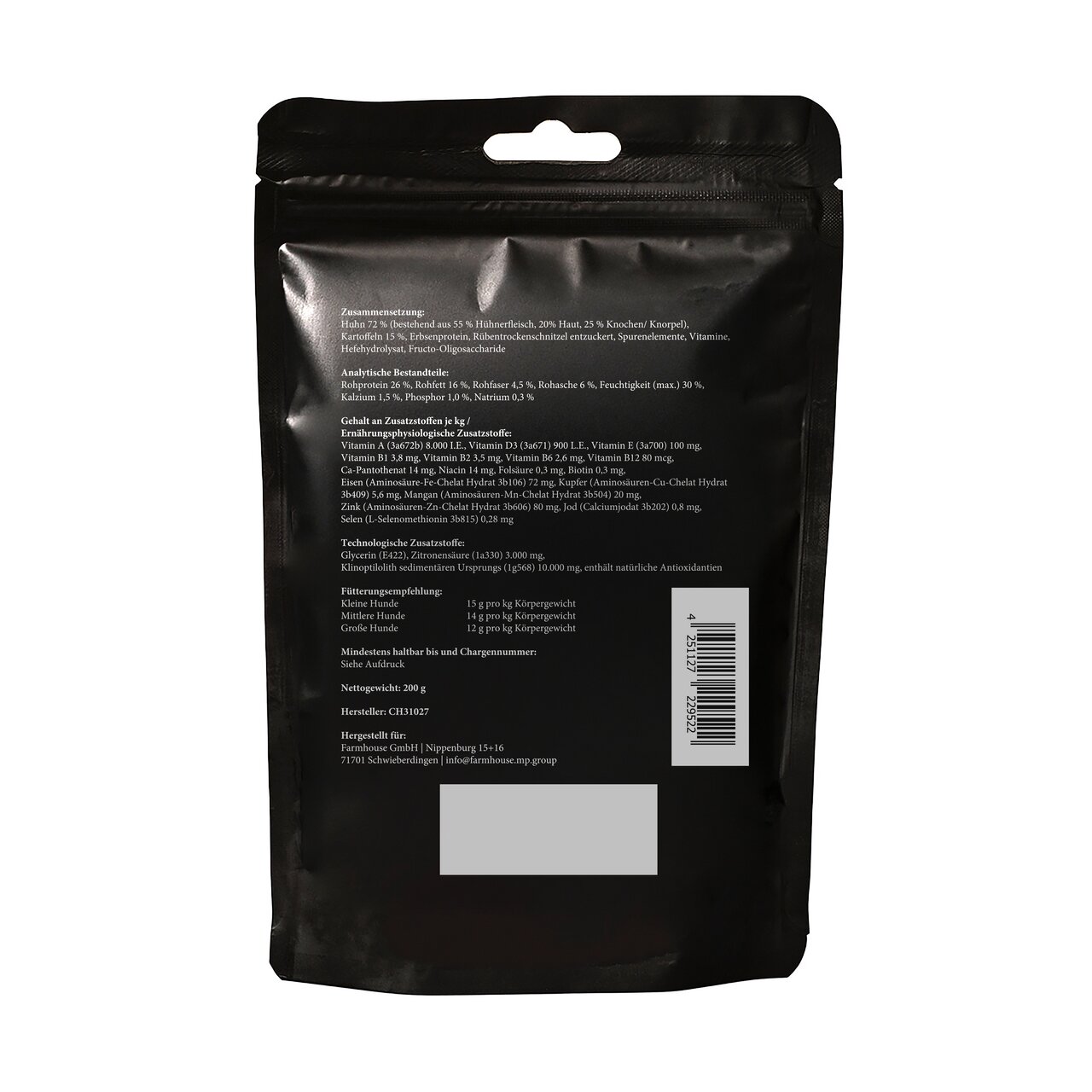 Rückseite der Verpackung von Lottis Häppchen, Zielgruppe kleine Hunde, Geschmacksrichtung Huhn, 200 g, u. a. Nährwertangaben.