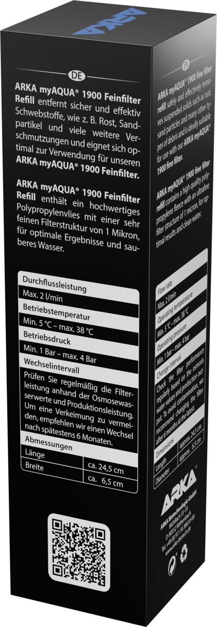 ARKA myAQUA 1900 Feinfilter Refill für Osmoseanlage, Filtereinsatz 1 Mikron, entfernt Schwebstoffe, Rost und Sand.