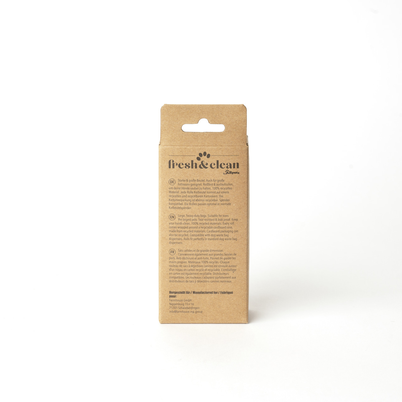 Das Bild zeigt eine rechteckige Verpackung aus braunem Karton mit dem Aufdruck „fresh & clean Allpets“. Es handelt sich um biologisch abbaubare Kotbeutel für Haustiere. Die Verpackung ist schlicht gestaltet und enthält Informationen in mehreren Sprachen. 