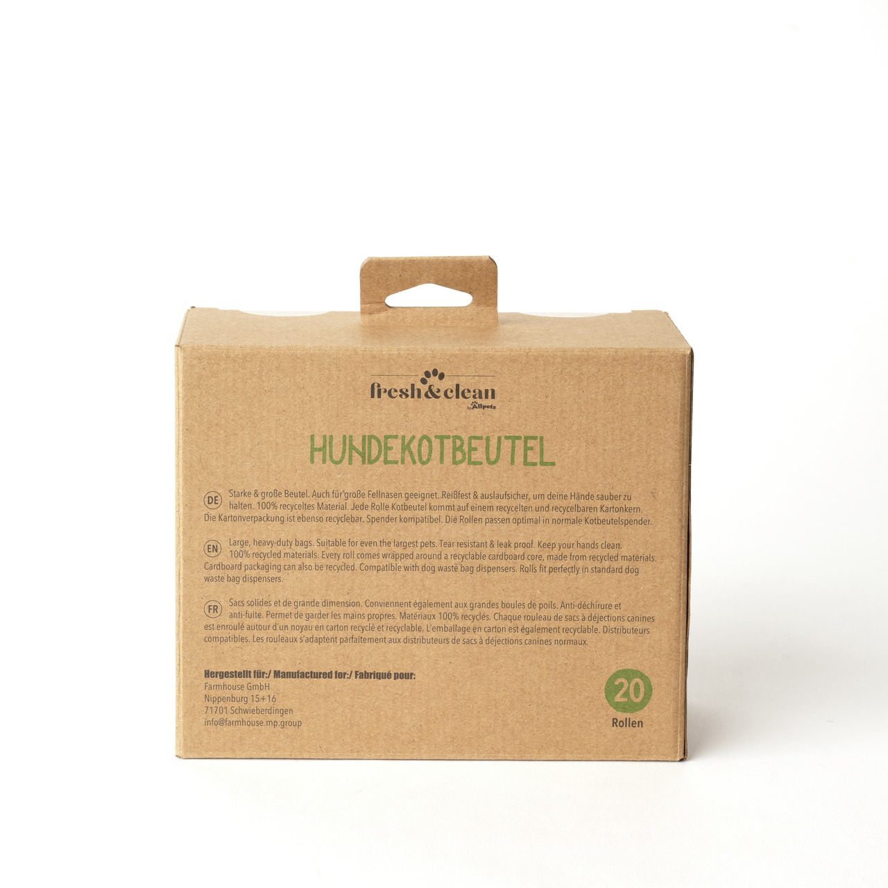 Farmhouse GmbH fresh & clean Hundekotbeutel, 20 Rollen, biologisch abbaubar, aus 100 % recyceltem Material, für große & kleine Hunde.
