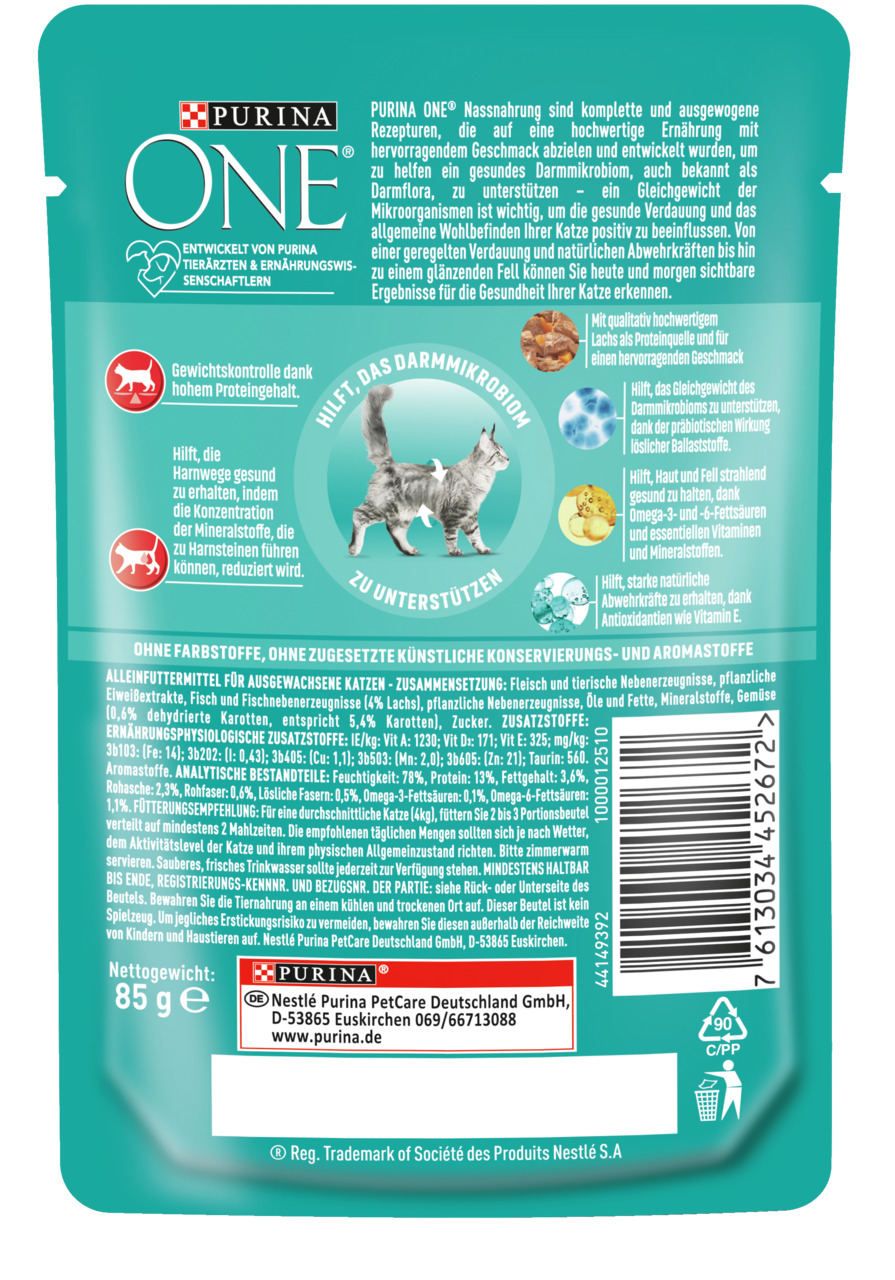 PURINA ONE Nassfutter Katzen, erwachsene Katzen, Lachs, unterstützt Darmmikrobiom, Verdauung, Immunsystem, 85 g.