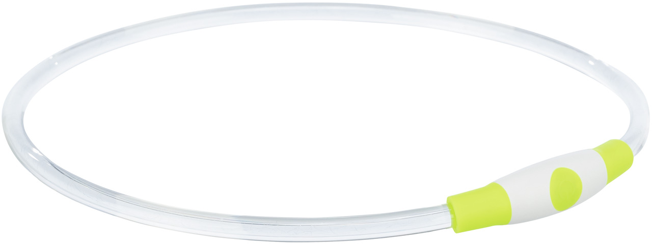 Das Bild zeigt das TRIXIE USB-Leuchthalsband für Hunde, geeignet für alle Hunderassen. Es ist transparent mit einem weißen und neongrünen Verschluss. Das Halsband sorgt für bessere Sichtbarkeit bei Dunkelheit und ist individuell kürzbar. Es wird per USB a