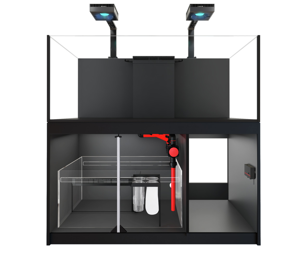 Das Bild zeigt das Red Sea Reefer 3XL 900 Aquarium-System, ein hochwertiges Meerwasseraquarium für erfahrene Aquarianer. Es umfasst ein modernes, randloses Design mit zwei leistungsstarken LED-Leuchten, ein integriertes Filtersystem und ein geräumiges Tec