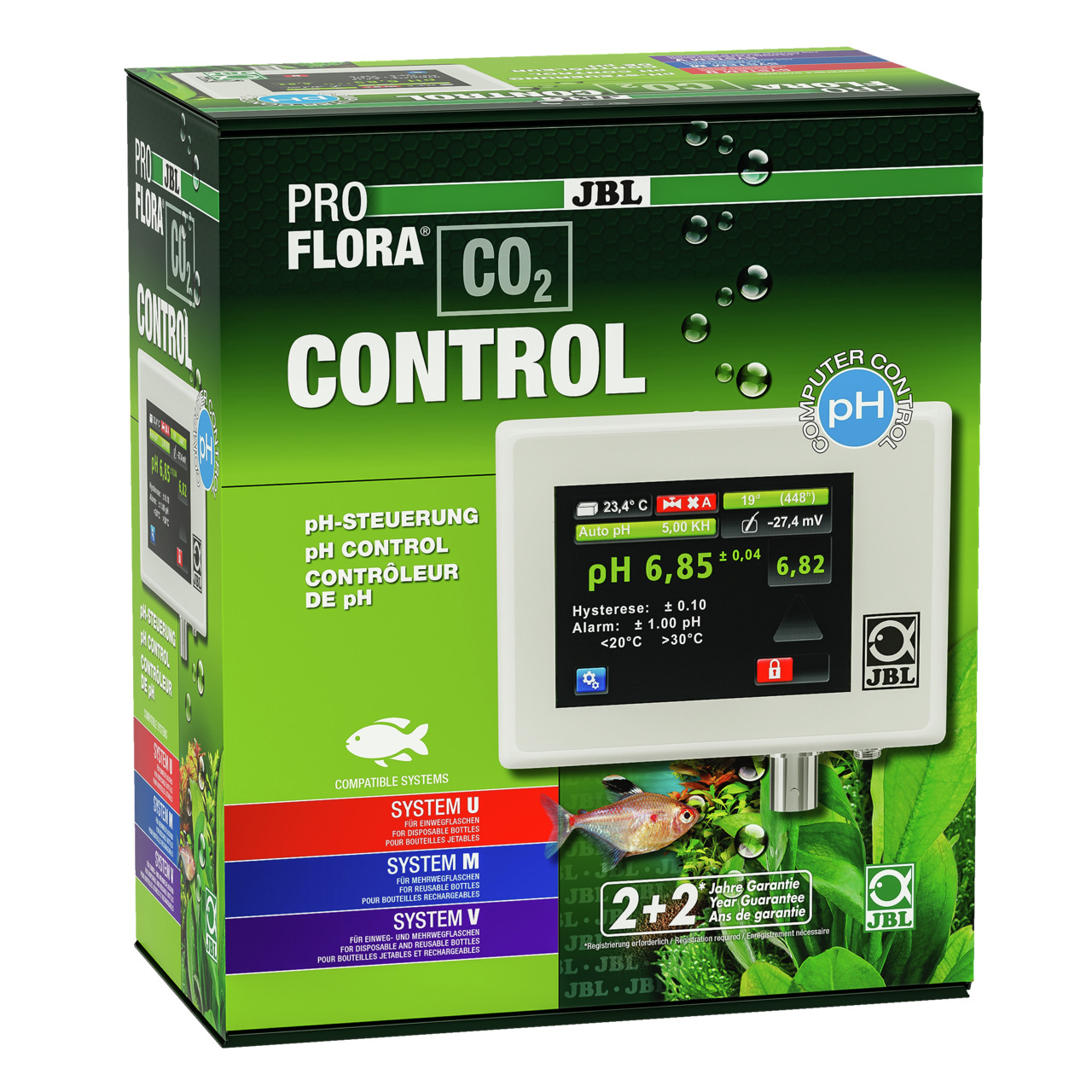 Das Bild zeigt die Verpackung des Produkts JBL ProFlora CO2 Control, ein pH-Steuergerät für Aquarien. Es richtet sich an Aquarienbesitzer, die präzise CO2- und pH-Werte kontrollieren möchten. Die Verpackung ist grün und zeigt ein digitales Display mit pH-