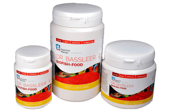 Aquarium Münster Dr. Bassleer Biofish Food Regular Flake, Zierfischfutter, hochwertig, versch. Größen, weiße Dose m. roten-gelben Akzenten.