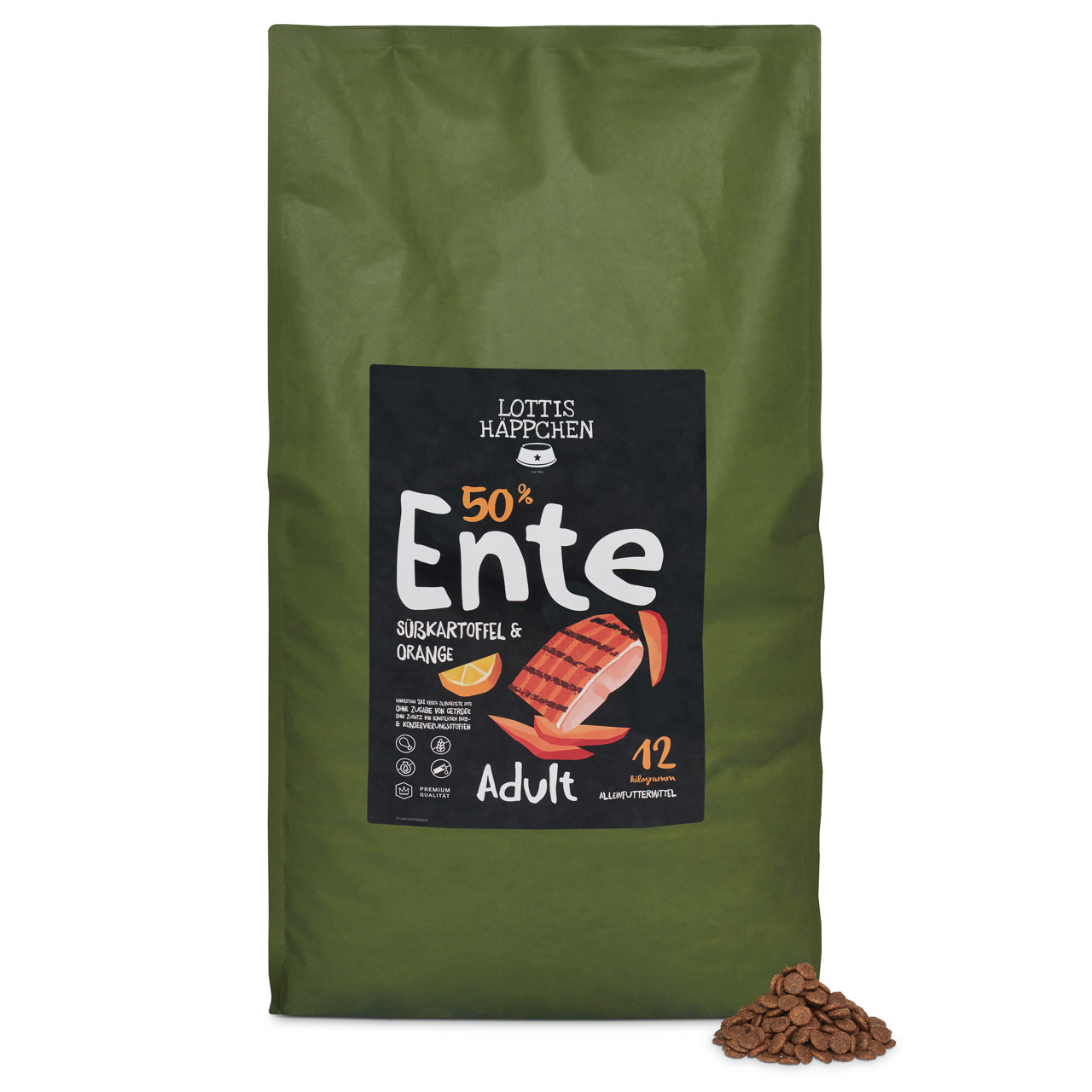 Lottis Häppchen, 50 % Ente – Süßkartoffel & Orange, Alleinfutter f. erwachsene Hunde, 12 kg.