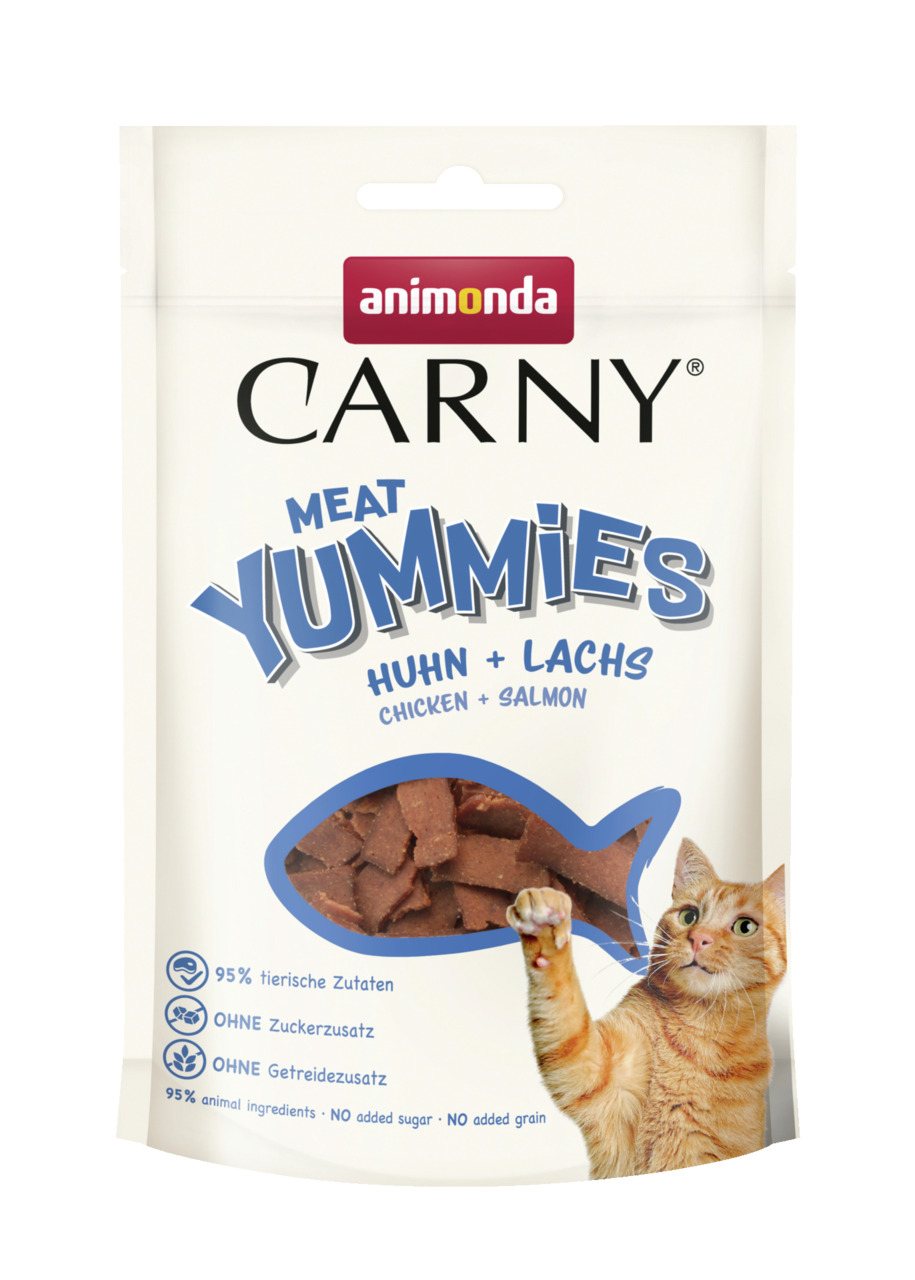 Animonda Carny Meat Yummies Katzensnacks, Huhn & Lachs, 95 % tierische Zutaten, ohne Zucker-Getreide, für ausgewachsene Katzen.