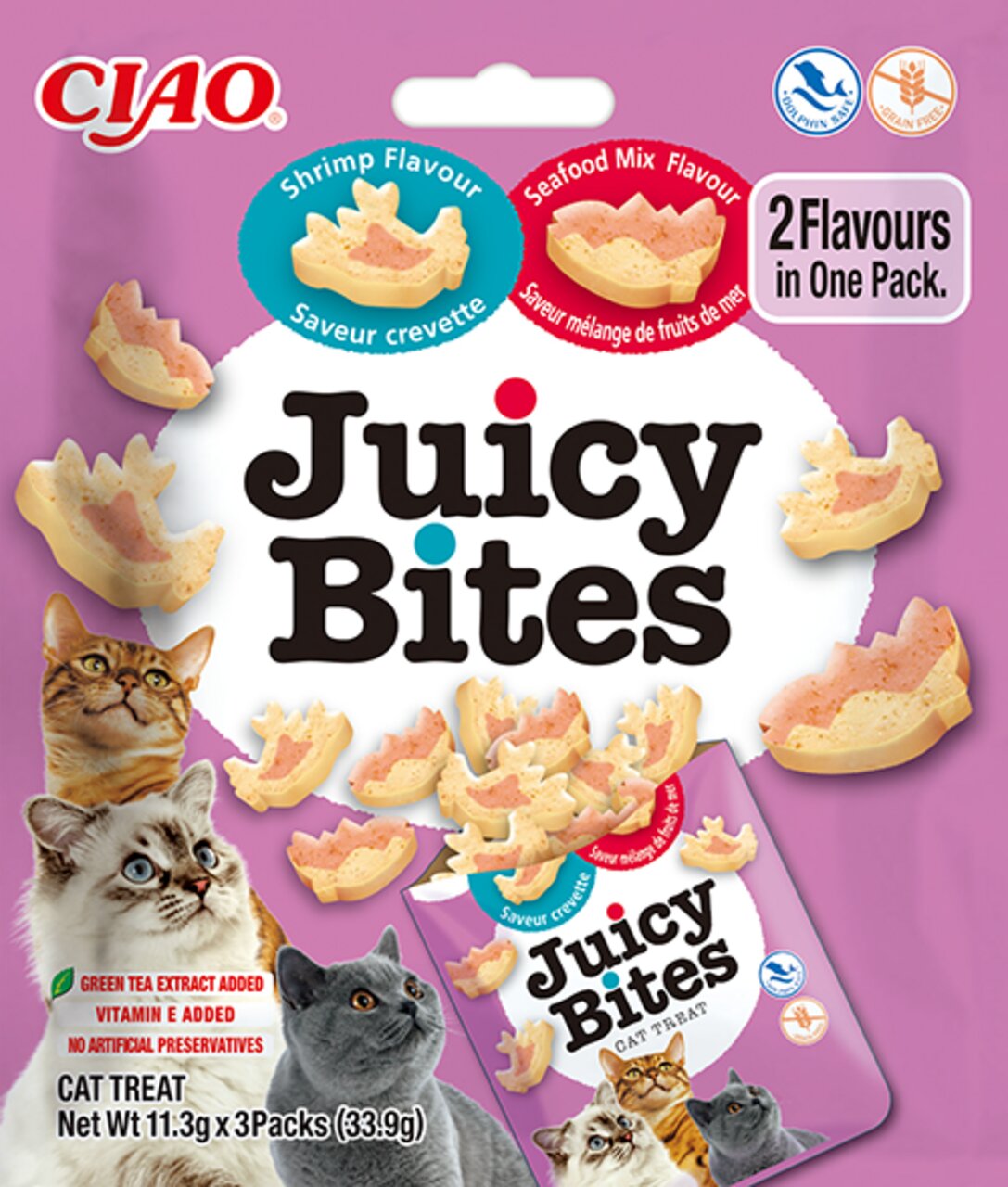 Ciao Juicy Bites Katzensnack für Katzen, Geschmack: Garnele & Meeresfrüchte, 3x11,3g (33,9g), ohne Getreide, mit grünem Tee.