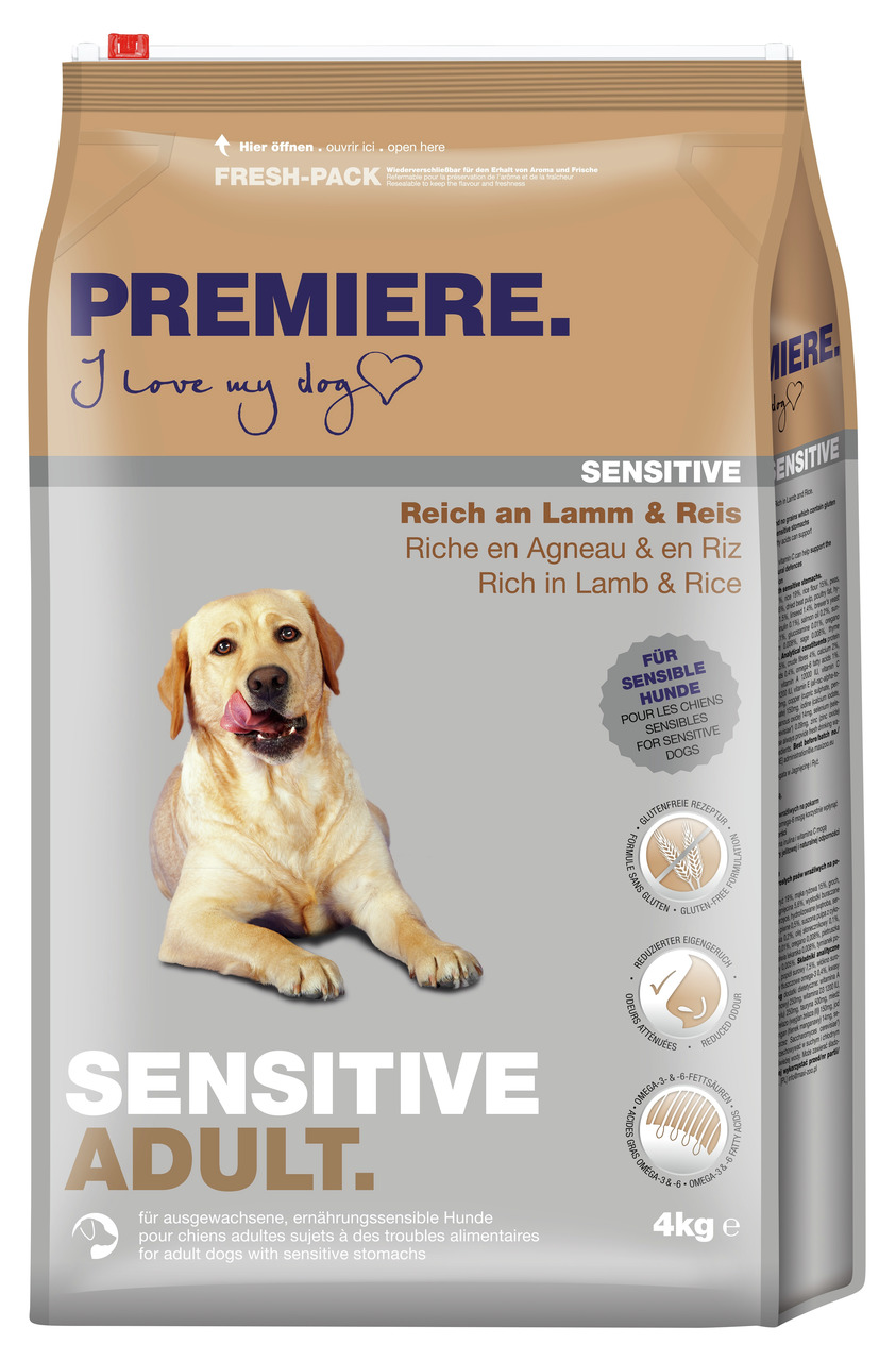 Das Bild zeigt eine Verpackung des Hundefutters „PREMIERE Sensitive Adult“ für ausgewachsene, ernährungssensible Hunde. Die Geschmacksrichtung ist Lamm und Reis. Die Verpackung enthält 4 kg und ist als „Fresh-Pack“ gekennzeichnet. Das Produkt ist glutenfr
