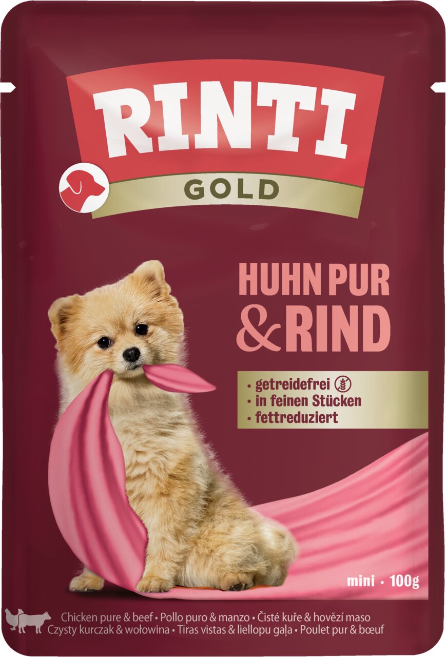 RINTI Gold Huhn Pur & Rind Nassfutter, für kleine Hunde, getreidefrei, fettreduziert, 100g, in feinen Stücken.