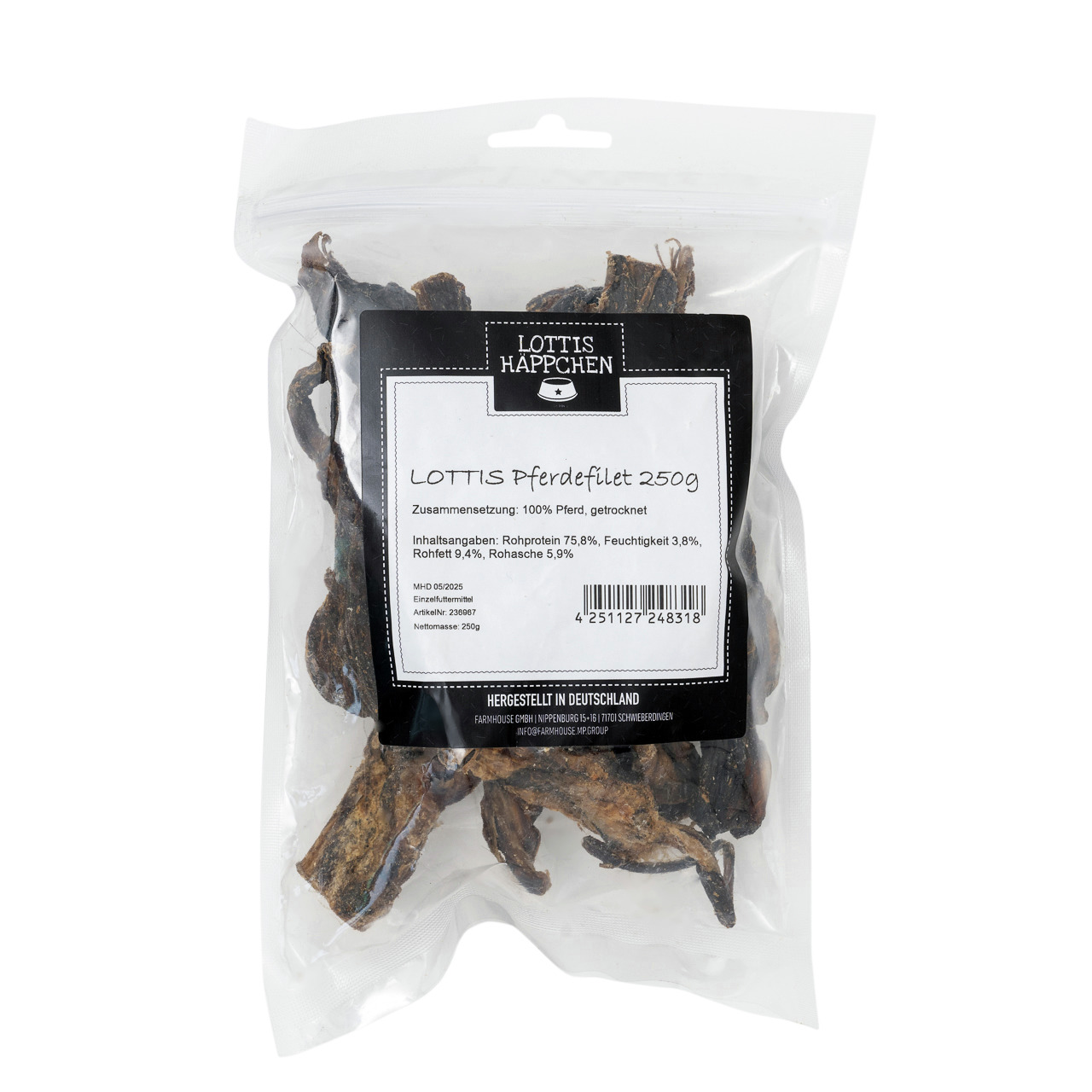 LOTTIS HÄPPCHEN Pferdefilet 250g, Hundesnack, 100 % getr. Pferdefleisch, Rohprotein 75,8 %, Feuchtigkeit 3,8 %, Hergestellt in DE.