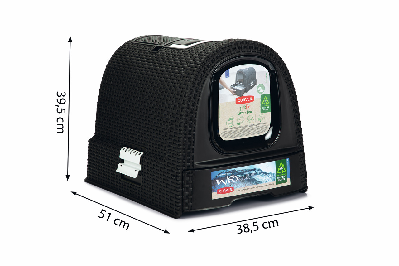 Curver Katzentoilette „Petlife Litter Box“, Schwarz, Rattan-Design, für Katzen, recycelter Kunststoff, 51x38,5x39,5 cm, Klappe, Griff.