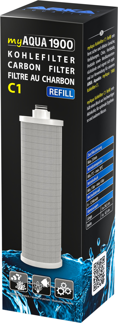 ARKA myAqua 1900 Kohlefilter C1 Refill, für Aquarien, entfernt Gerüche, Verfärbungen & Schadstoffe, schwarze Verpackung, QR-Code.