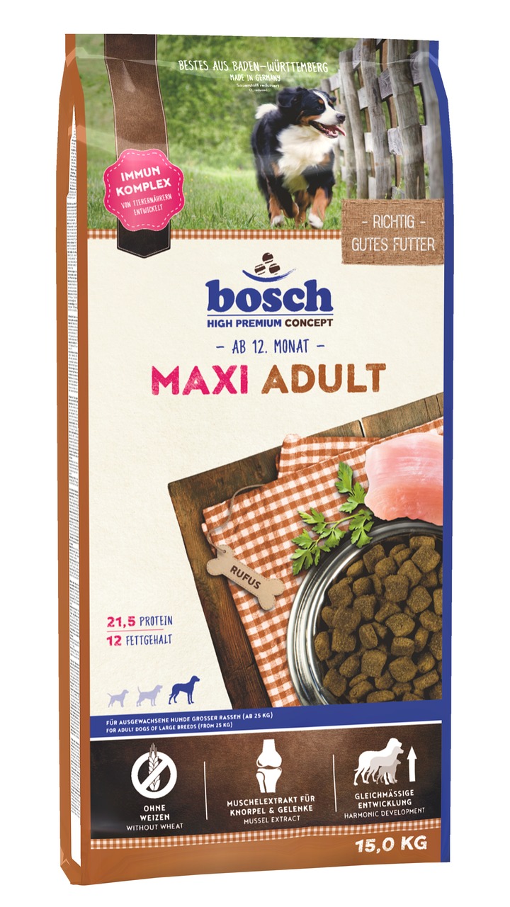 bosch High Premium Concept Maxi Adult, 15 kg, für Hunde ab 25 kg, weizenfrei, 21,5 % Protein, 12 % Fett, mit Muschelextrakt für Gelenke.