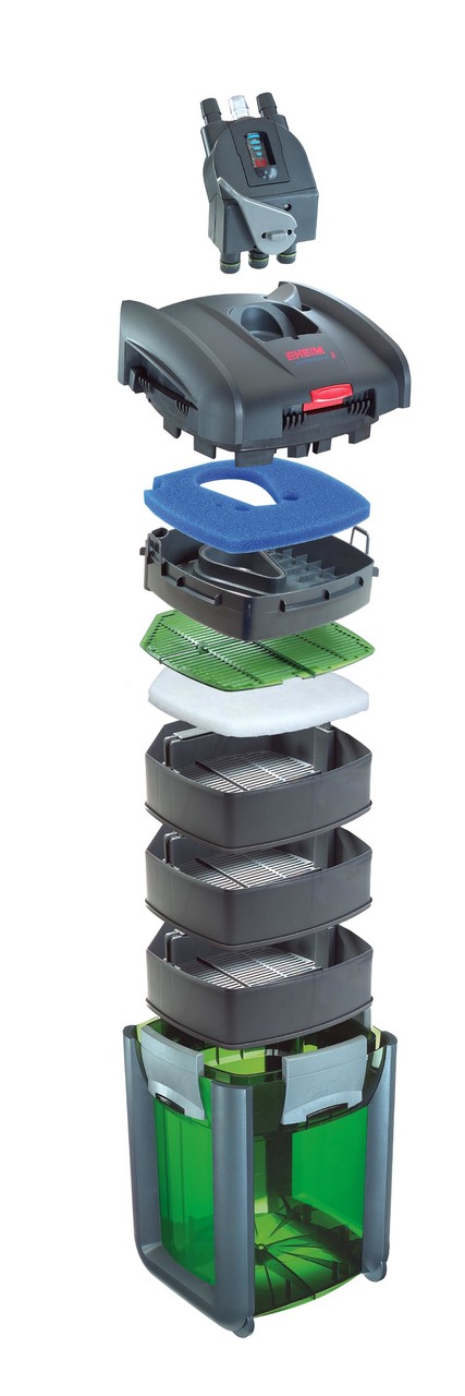 EHEIM professionel 3 Außenfilter, für Aquarienbesitzer, effiziente Filterung (Süß-/Meerwasser), Explosionsansicht, grün, mit Zubehör.