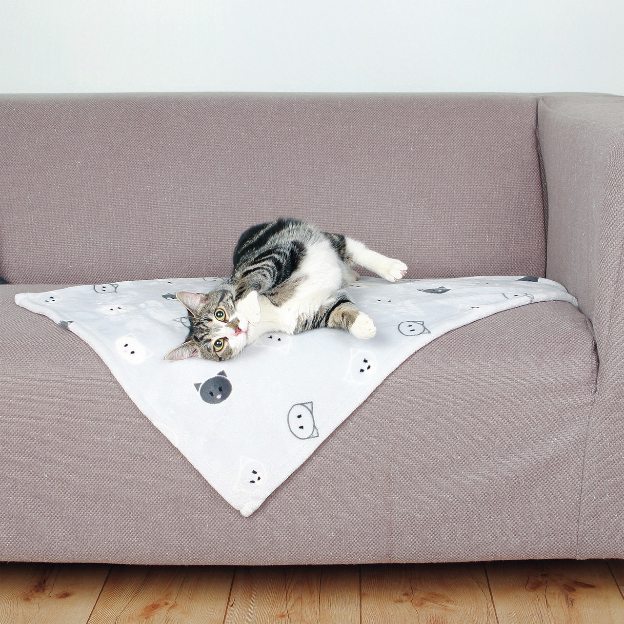 Weiche, graue TRIXIE-Decke mit niedlichem Katzenmotiv, ideal für Katzen. Eine getigerte Katze liegt entspannt auf der Decke, die auf einem grauen Sofa ausgebreitet ist. Perfekt für Komfort und Schutz von Möbeln. Maße und Material nicht sichtbar. EAN: 4011
