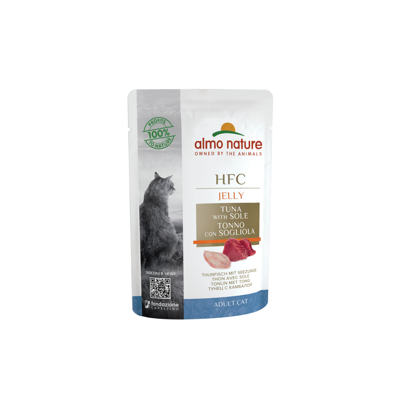 Almo Nature HFC Jelly Thunfisch+Seezunge, 70 g, für erw. Katzen, 100 % nat. Zutaten, Teil der „Fondazione Capellino“-Initiative.