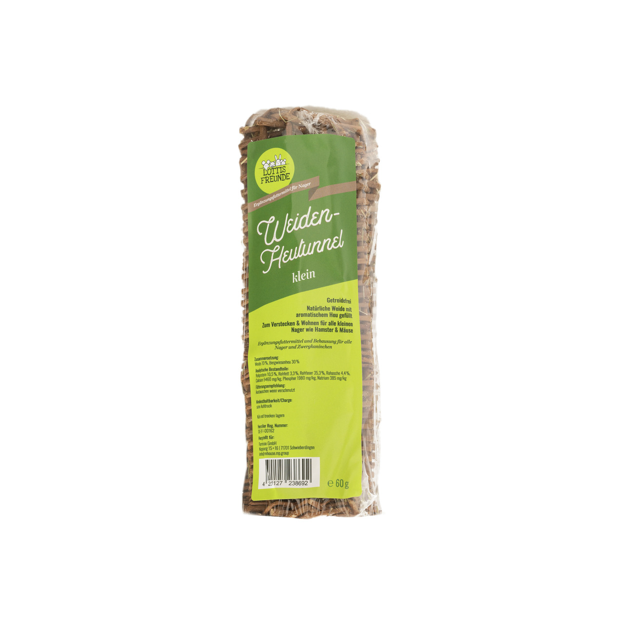 Das Bild zeigt den "Weiden-Heutunnel klein" von der Marke LOTTIS FREUNDE. Dieses Produkt ist für kleine Nager wie Hamster und Mäuse geeignet. Es besteht aus natürlicher Weide und aromatischem Heu, ideal zum Verstecken und Wohnen. Die Verpackung enthält 60
