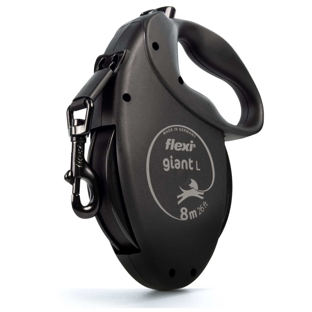 Das Bild zeigt eine schwarze Flexi Giant L Hundeleine mit einem ergonomischen Griff und einem stabilen Karabinerhaken. Die Leine ist für große Hunde geeignet und hat eine Länge von 8 Metern (26 Fuß). Sie ist robust, langlebig und ideal für aktive Hundehal