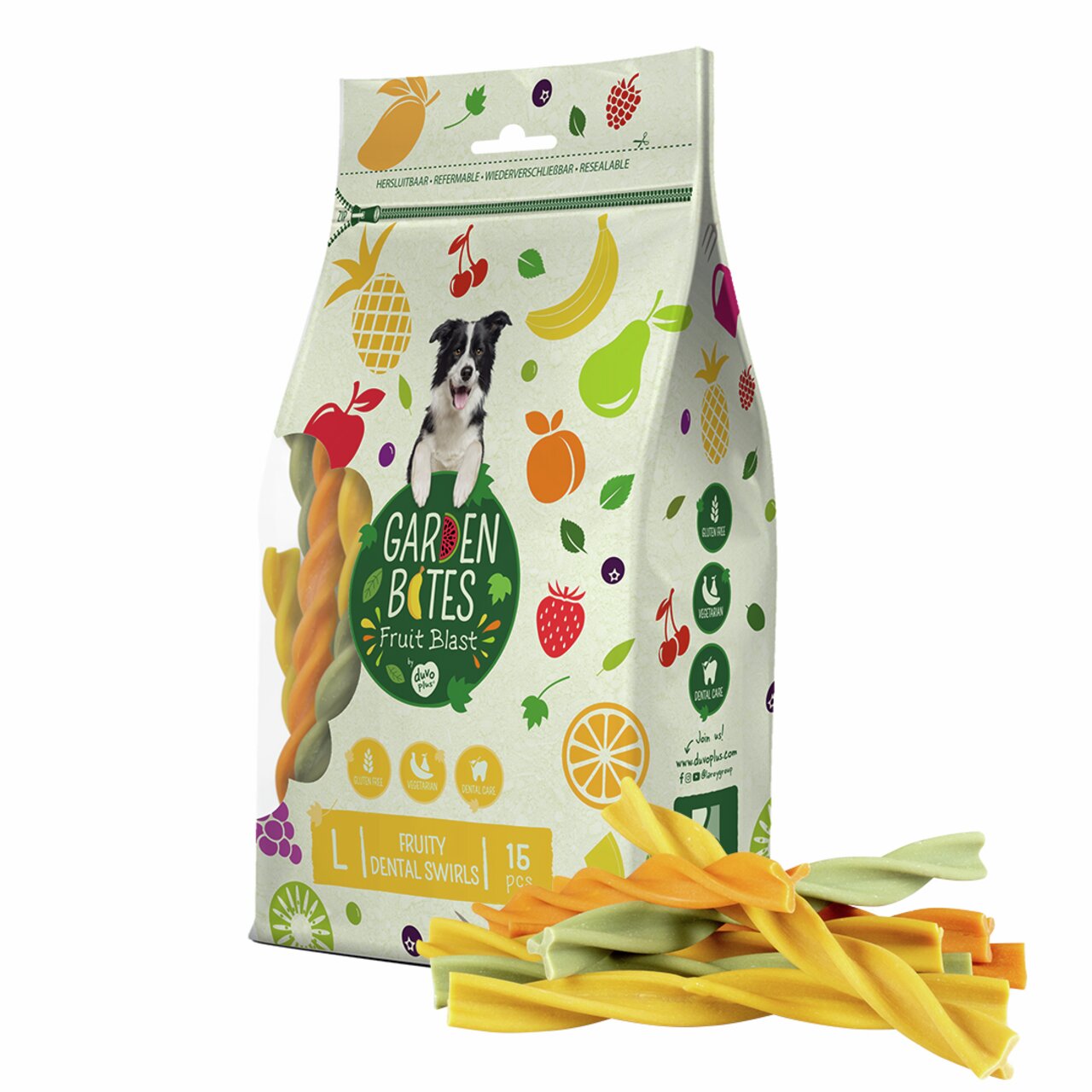 duvoplus Garden Bites Fruit Blast, für Hunde, fruchtige Zahnpflege-Snacks, vegetarisch, 16 Stück, wiederverschließbare Verpackung.