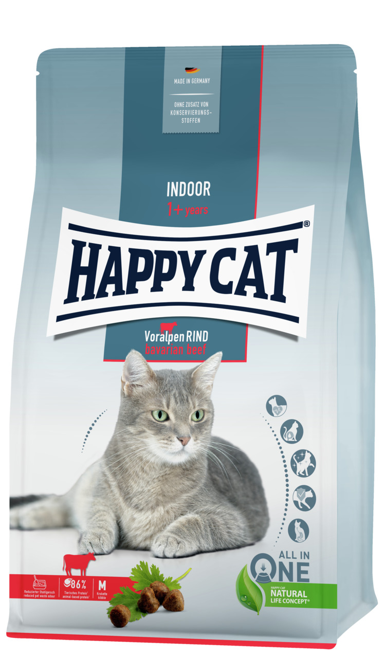 Sparpaket HAPPY CAT Supreme Indoor Adult Voralpen-Rind 4 Kilogramm Katzentrockenfutter
