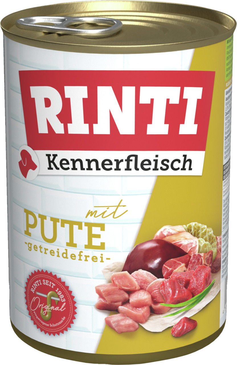 RINTI Kennerfleisch Hundefutter, Pute, getreidefrei, frische Fleischstücke, 800 g.