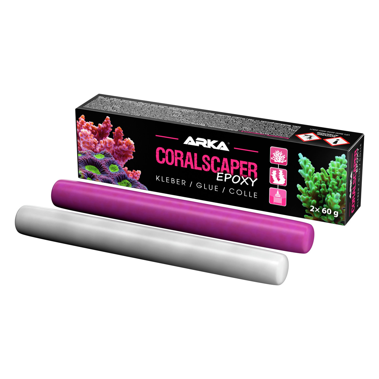 ARKA Coralscaper Epoxy: Kleber für Aquaristik, ideal für Korallen/Riffaufbauten. 2 Stangen à 60 g (Lila/Weiß). Zielgruppe: Aquarienbesitzer.