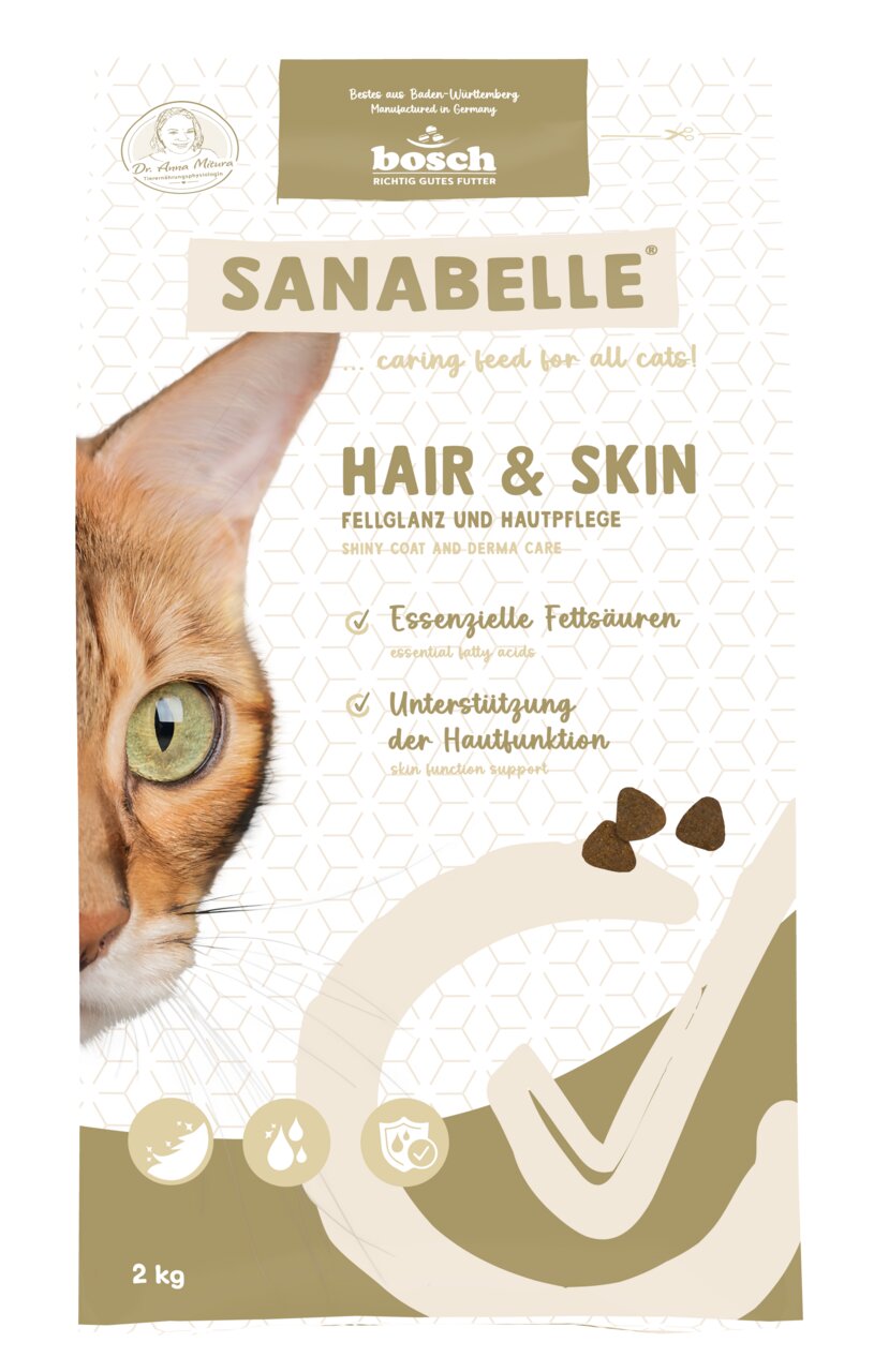 Das Bild zeigt eine 2-kg-Packung des Katzenfutters „Sanabelle Hair & Skin“ von Bosch Tiernahrung. Es ist speziell für alle Katzen entwickelt und unterstützt Fellglanz sowie Hautpflege. Enthalten sind essenzielle Fettsäuren zur Förderung der Hautfunktion. 