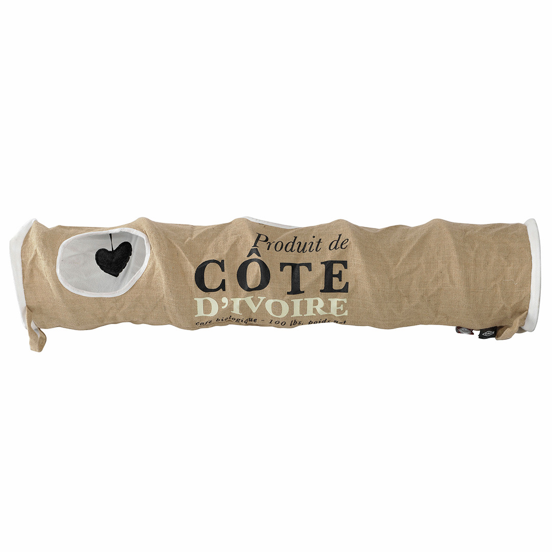 Katzentunnel „D&D Côte d’Ivoire“, Jutestoff, für Katzen, mit Herzspielzeug, Maße sichtbar, natürliche Optik, spannend.