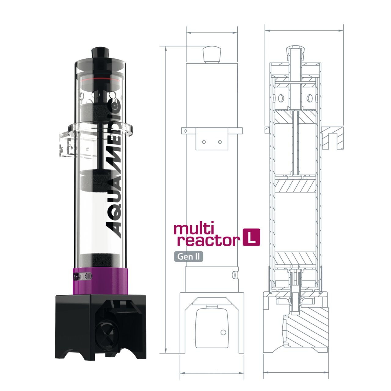 Aqua Medic Multi Reactor L Gen II: Hochwertiger zylindrischer Aquarium-Filter für versch. Medien, transparent, 3D-Abb., Maße rechts.