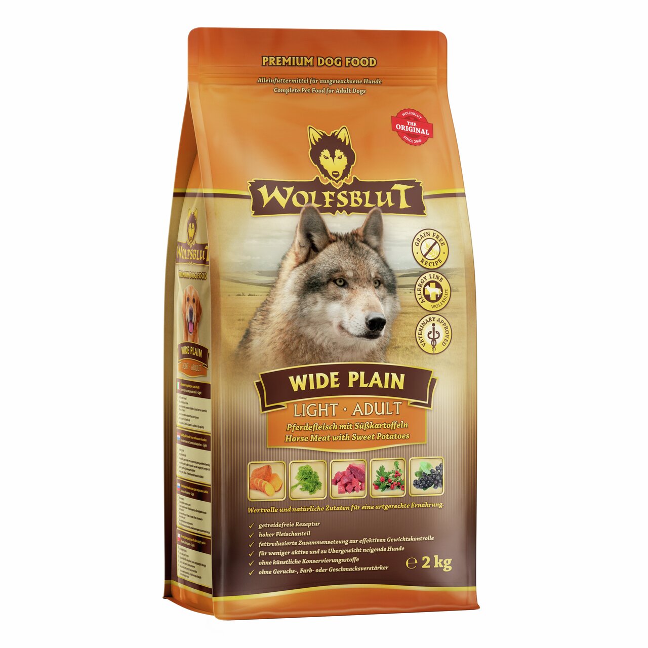 WOLFSBLUT Wide Plain Light Adult Hundefutter, Pferdefleisch mit Süßkartoffeln, getreidefrei, für ausgewachsene Hunde, 2 kg.