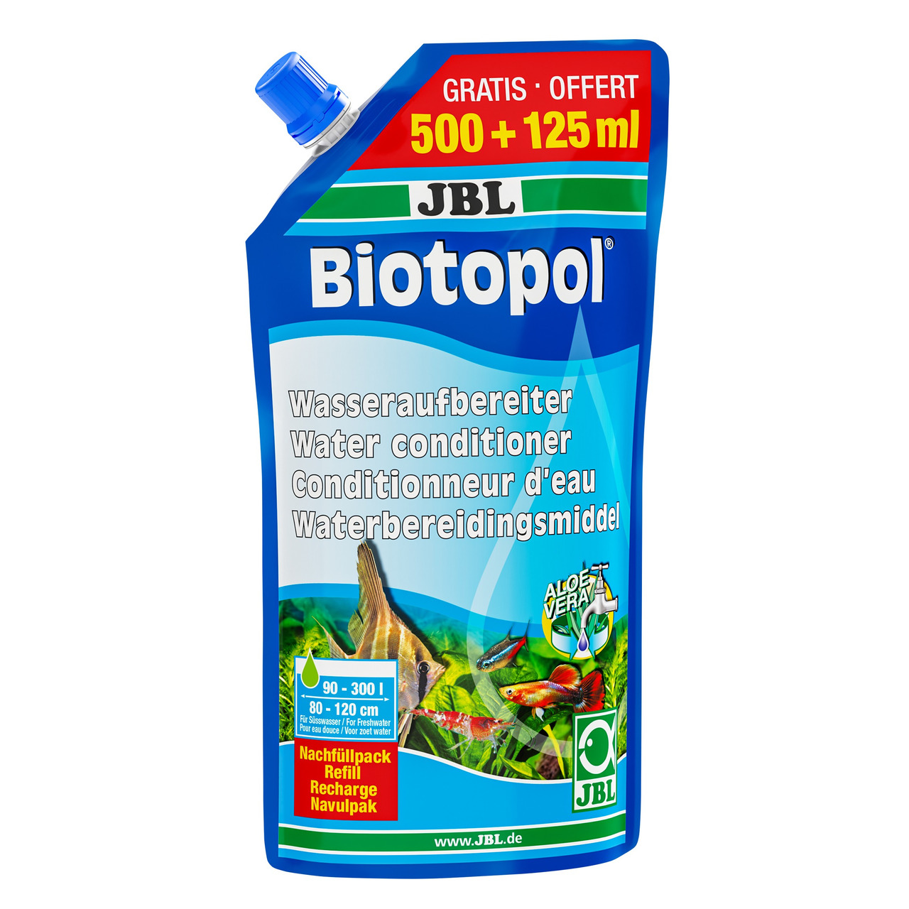 Nachfüllpack JBL Biotopol Wasseraufbereiter für Aquarien, geeignet für Süß- und Meerwasser. Enthält 500 ml plus 125 ml gratis, ideal für 90-300 Liter Wasser. Mit Aloe Vera zur Pflege der Schleimhäute von Fischen. Verpackung zeigt bunte Fische und Pflanzen