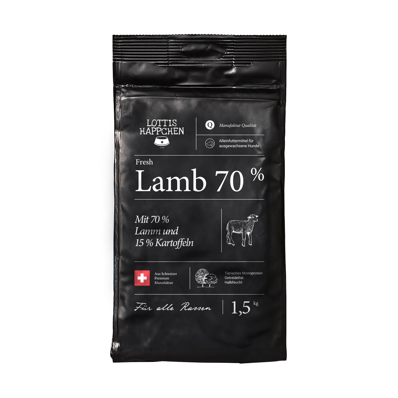 LOTTIS HÄPPCHEN Fresh Lamb 70% Trockenfutter für ausgewachsene Hunde aller Rassen, Lamm, getreidefrei, 1,5 kg.