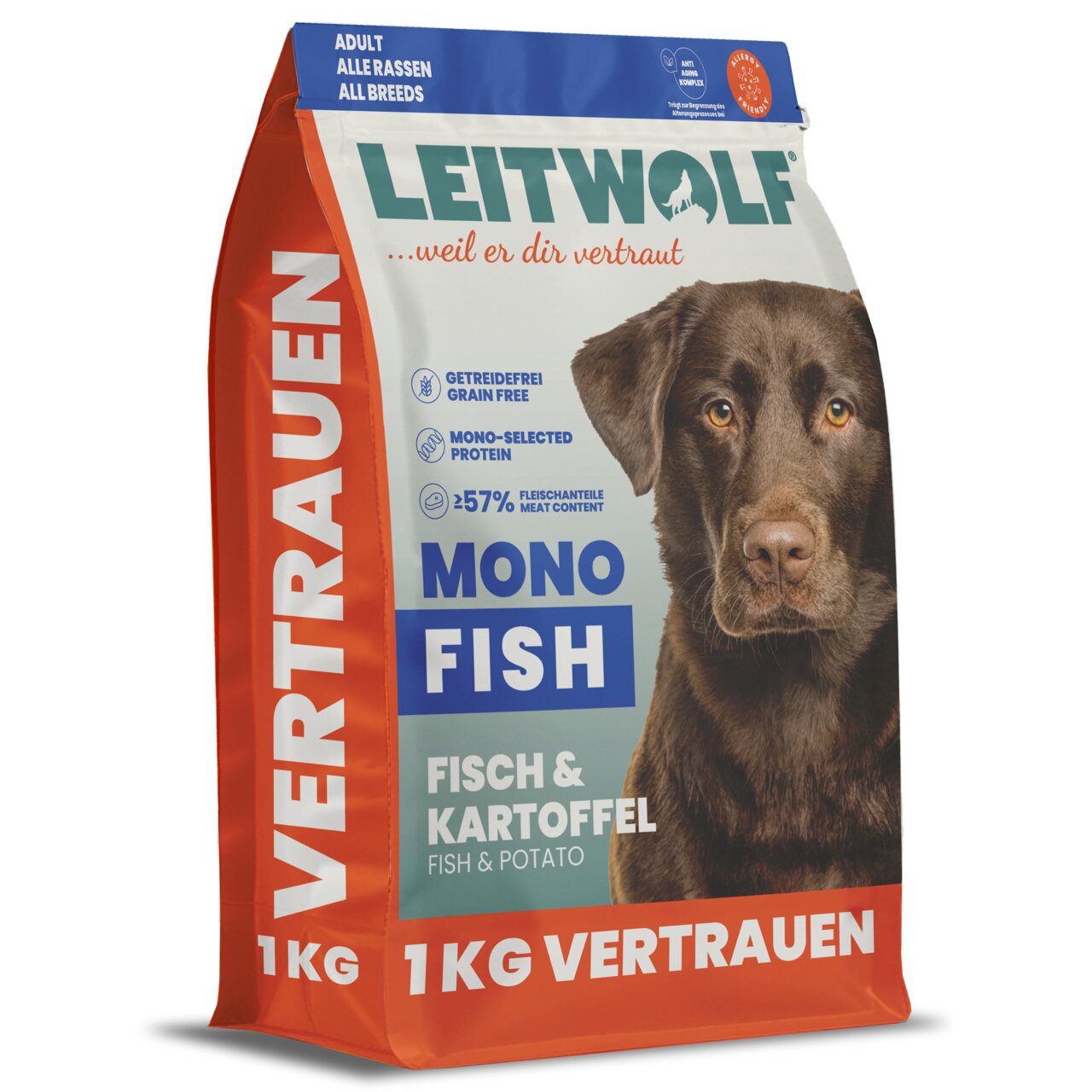 Leitwolf Mono Fish Hundetrockenfutter für adulte Hunde aller Rassen, Fisch & Kartoffel, getreidefrei, 1 kg Vertrauen.