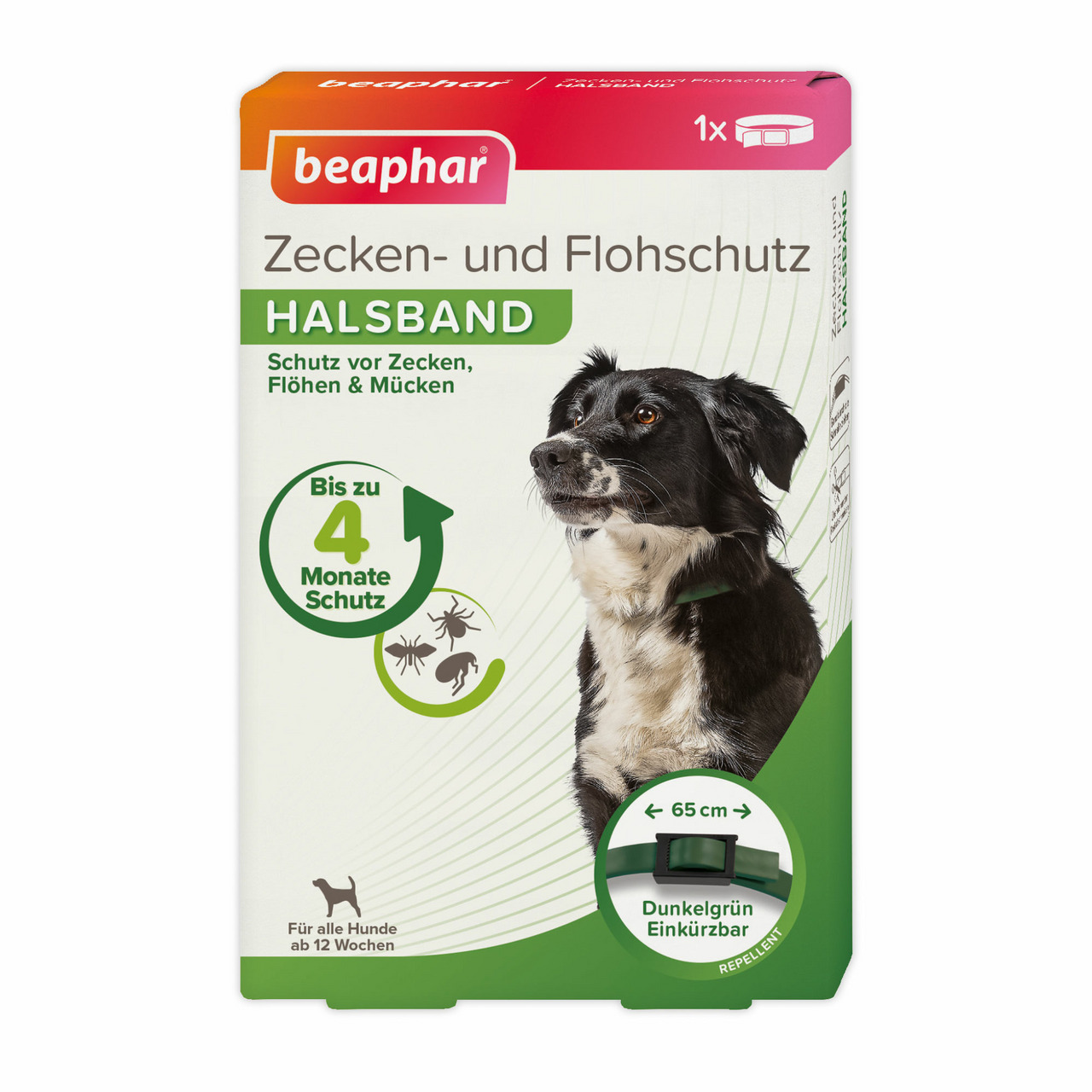 beaphar Zecken- & Flohschutz-Halsband, Hunde, Schutz gg. Zecken-Flöhe-Mücken (4 Mon.), ab 12 Wo., dunkelgrün, 65 cm kürzbar.