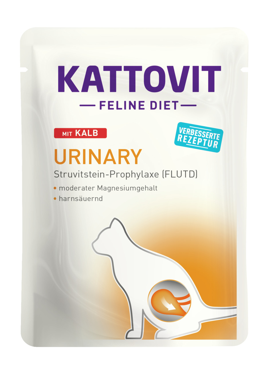 Kattovit Feline Diet Urinary Kalb, für Katzen mit Harnwegserkrankungen, harnsäuernd, Struvitstein-Prophylaxe, Mg-reduziert.