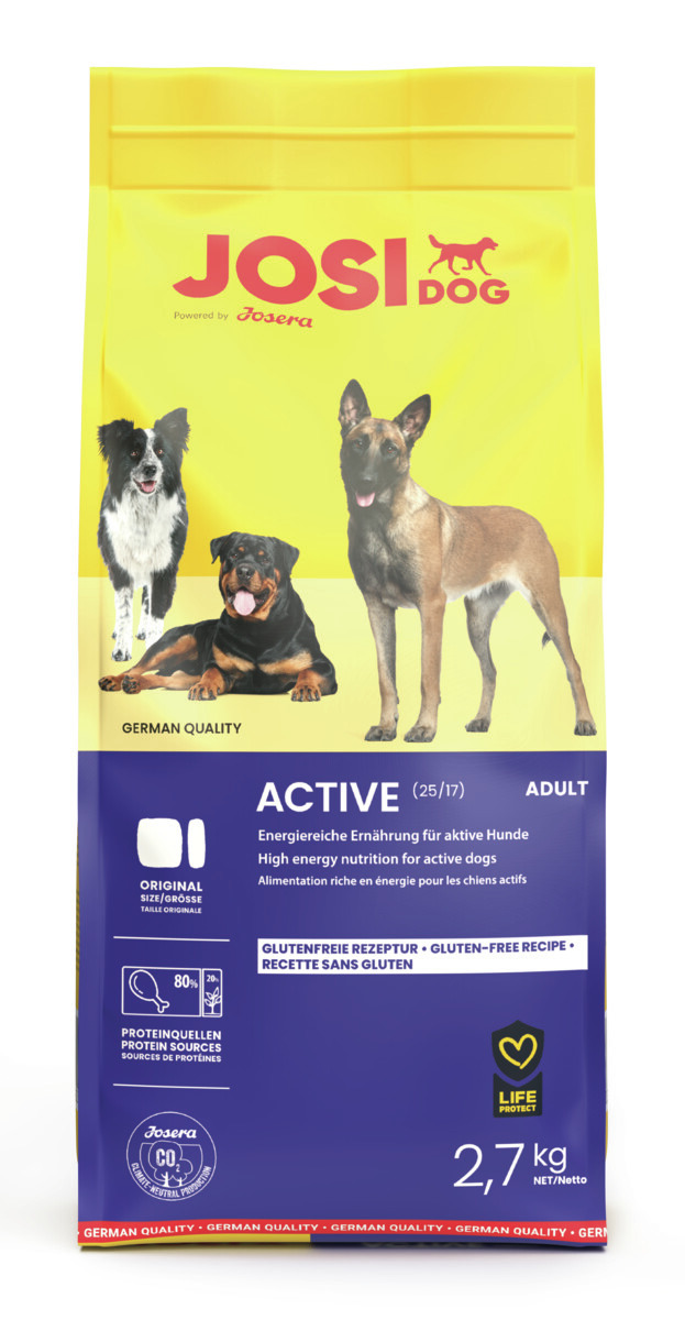 Das Bild zeigt eine gelbe Verpackung des Hundefutters „JosiDog Active“ von der Marke Josera. Es ist für aktive, erwachsene Hunde geeignet und bietet eine energiereiche Ernährung. Die Rezeptur ist glutenfrei und enthält 80 % tierische Proteinquellen. Die P