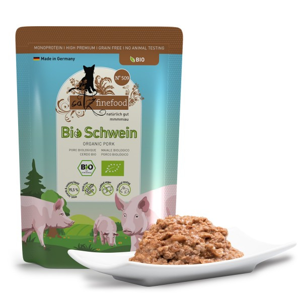 Catz finefood Bio Schwein: Hochwertiges Katzenfutter f. ausgew. Katzen, Bio-Schwein, getreidefrei, monoprotein, 85g, Made in Germany.