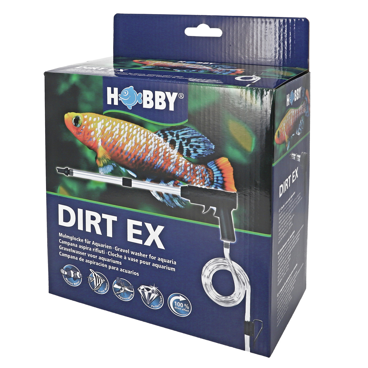 HOBBY Dirt Ex Mulmglocke f. Aquarienbesitzer: einfache, effektive Schmutz-/Mulmentfernung. Symbol: farbiger Fisch.