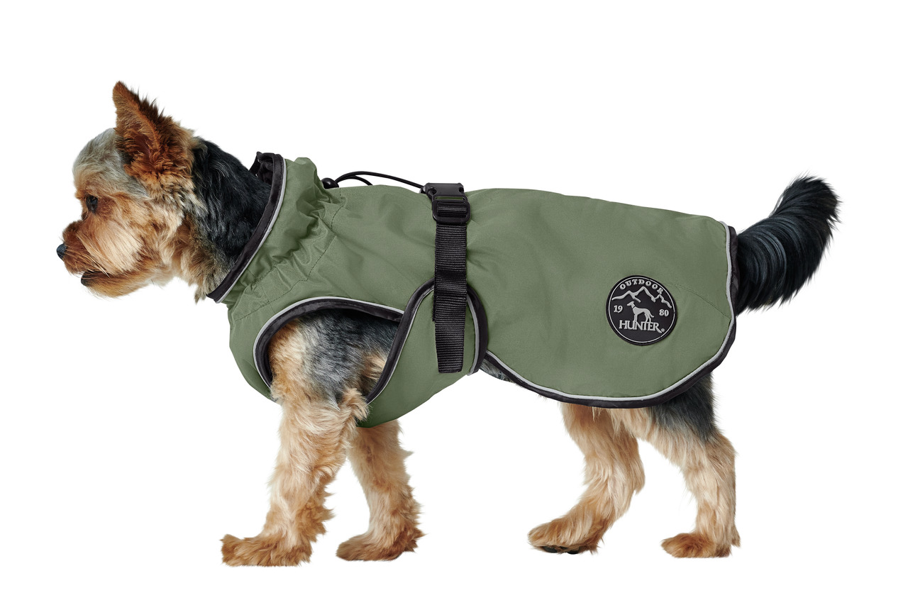 HUNTER Hundemantel, olivgrün, für kleine Hunde (z. B. Yorkshire Terrier), Outdoor-Schutz, verstellbarer Gurt, Logo „HUNTER Outdoor 1980“.